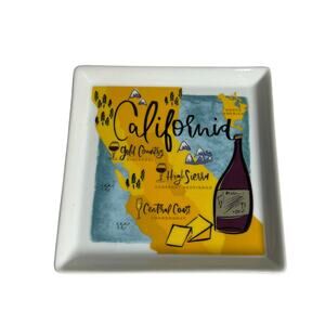 CRATE & BARREL California Wine Map Square Appetizer Plate Ceramic 7in